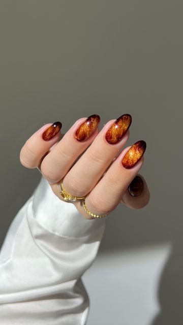 Brown And Orange Ombre Nails, Red And Orange Marble Nails, Fall Fairy Nails, Orange Velvet Nails, Ember Nails, Burnt Orange Gel Nails, Glittery Fall Nails, Autumn Aura Nails, Orange Pearl Nails