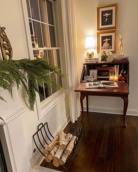 @elegant.entry on Instagram: "Perfect secretary tucked in the corner of the living room✨ #antiques #antiquefinds #homedecoration #interiordesign #cozy #bookstagram #booklover #styleinspo" Small Secretary Desk Styling, Small Antique Living Room Ideas, Styled Secretary Desk, Secretary Desk In Bedroom, Antique Desk In Living Room, Antique Desk In Bedroom, Desk In Corner Of Living Room, Style Secretary Desk, Antique Sitting Room