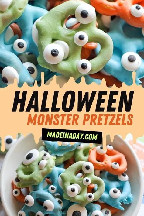 Creepy Monster Halloween Pretzels are a fun and easy treat to make with the kids. All you need is some chocolate candy melts, pretzels, and candy eyes. These are perfect for a Halloween party or just a fun snack. pretzels for Halloween, Halloween Pretzel treats, Halloween treats with pretzels, halloween dipped pretzels Treats With Pretzels, Halloween Pretzel Treats, Pretzels Halloween, Halloween Pretzels Treats, Gluten Free Halloween Treats, Halloween Dip, Halloween Pretzels, Monster Treats, Halloween Desserts Easy