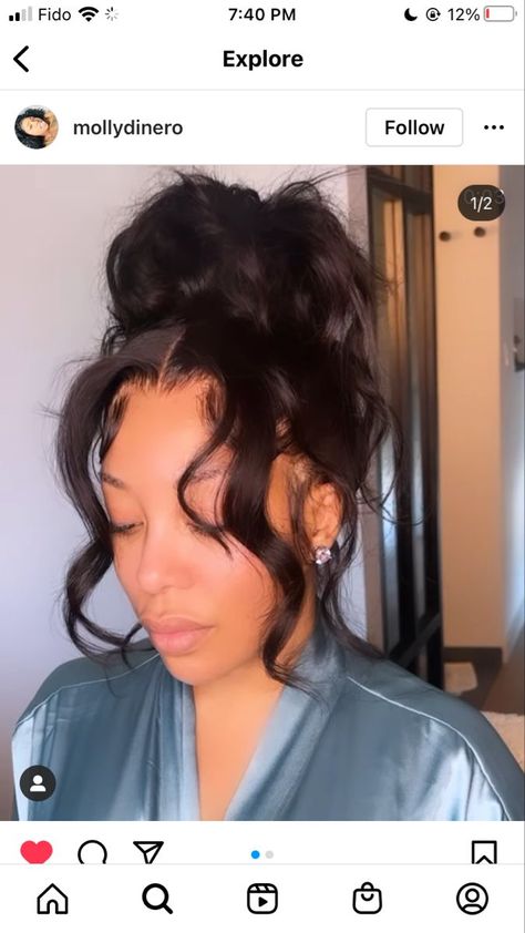 Messy bun with side bangs Hair Ponytail Styles With Bangs, 2 Bangs And Bun Weave, Frontal Ponytail With Two Bangs, Bun With Side Part Black Women, Bun With Curled Bangs Black Women, Bun Updo With Bangs For Black Women, Messy Bun Hairstyles Black Hair, Curly Bun Updo Black, Black Messy Bun Hairstyles