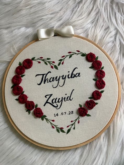 It’s always handmade gifts make your memorable moments precious ❤️‍🩹🫴🏻 Couple Name Embroidery, Name Embroidery Hoop, Embroidered Wedding Gifts, Modern Hand Embroidery Patterns, Hoop Frame, Clothes Embroidery, Embroidery Hoop Art Diy, Couple Name, Clothes Embroidery Diy