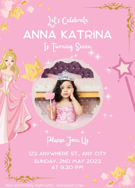 Get 7+ Princess With Photo Birthday Invitation Templates #free #freeinvitation2019 #birthday #disney #invitations #invitationtemplates Invitation Card Design Princess, Disney Invitations Templates, Birthday Invitations Card Design Ideas, Bday Invitation Cards For Kids, Baby Girl Birthday Invitation Card, 1st Birthday Invitation Card Ideas, Aesthetic Invitation Card Birthday, 1st Birthday Girl Invitations, Princess Theme Birthday Invitation