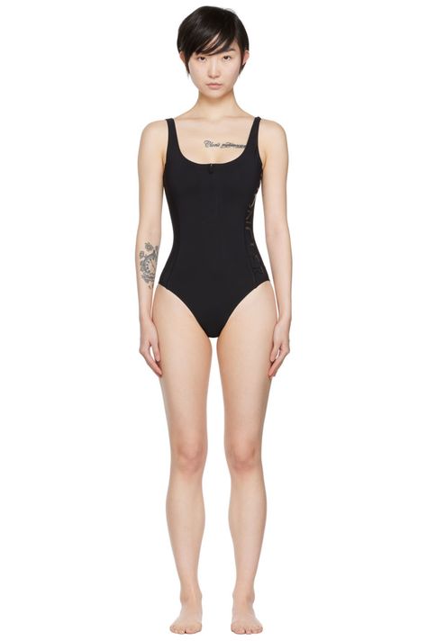 Moncler: Black Zip-Up One-Piece Swimsuit | SSENSE Bathsuits One Piece, Model Back Pose, Normal Poses Reference, Model Figure Pose, Female Model Pose Reference, Model Full Body Reference, Swimsuit Modeling Poses, Women Body Reference, Body Reference Female