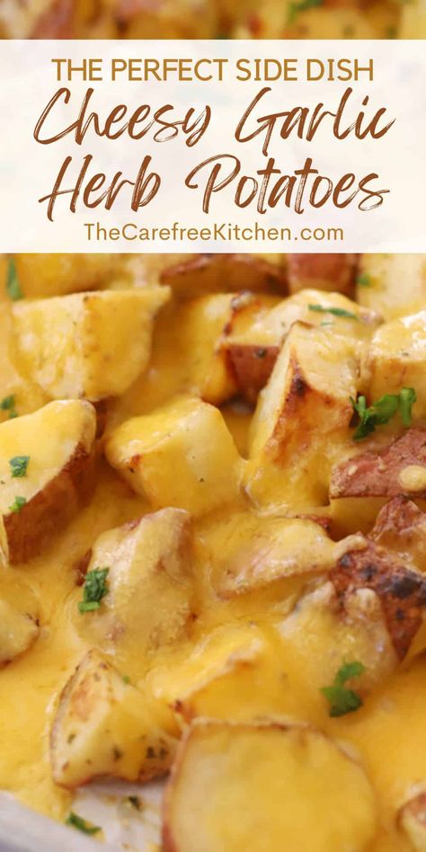 These Garlic Herb Cheesy Potatoes are a simple side dish that tastes great with just about anything. They are tossed in Italian herbs and garlic, oven-roasted, smothered in delicious cheesy goodness and then topped off with bacon bits and green onions. #sides #sidedish #potatoes #cheesy #thecarefreekitchen Cheesy Garlic Roasted Potatoes, Oven Roasted Cheesy Potatoes, Cheesy Roasted Potatoes In Oven, Cheesy Baked Potatoes In The Oven, Stove Top Cheesy Potatoes, Simple Cheesy Potatoes, Cheesy Russet Potato Recipes, Lil Potatoes Recipe, Cheesy Oven Potatoes