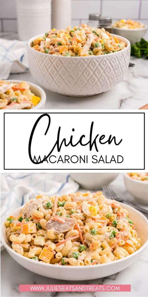 This creamy & delicious Chicken Macaroni Salad is the perfect side dish for any gathering. Packed with pasta, chicken, & colorful veggies, it's sure to impress your guests! No one will be able to resist this classic comfort food! Pasta Salads For Parties, Salad With Macaroni, Weeknight Side Dishes, Chicken Macaroni Salad Recipe, Montreal Chicken Seasoning, Montreal Chicken, Pasta Salad With Chicken, Easy Pasta Salads, Italian Pesto