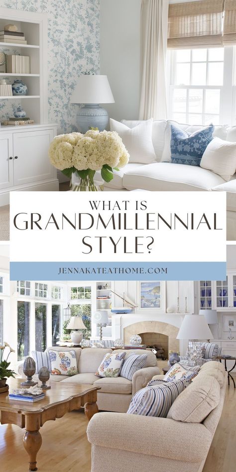 Ever wondered what Grandmillennial Style actually is? This style marks a return to the classic, timeless designs of the past. Beach House Formal Living Room, Southern Living Style Decor, Grand Millennial Interior Design, Classy Southern Home Decor, Timeless Living Room Decor Style, Cottage Coastal Living Room, Charleston Home Aesthetic, Mark Sikes Interiors, Coastal Cottage Farmhouse