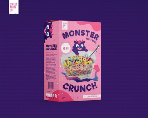 Monster Crunch Cereal Brand and Packaging Design on Behance Cereal Packaging Design Ideas, Snack Box Packaging Design, Cereal Box Packaging Design, Cereal Design Packaging, Cereal Branding, Monster Crunch, Cereal Packaging Design, Snack Box Packaging, Snacks Packaging Design