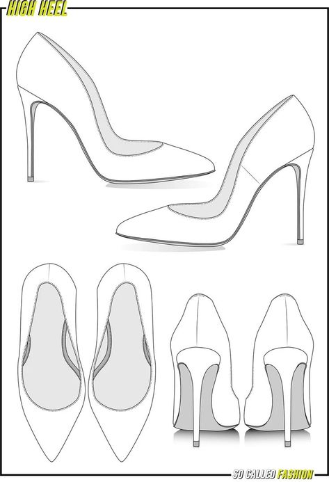 High Heels Sketch Shoe Designs, Back Of Heels Drawing, Shoes Drawing Reference High Heels, High Heel Template, High Heels Drawing Angles, Heels Illustration Sketches, Heels Fashion Illustration, Heels Design Drawing, Heels Technical Drawing