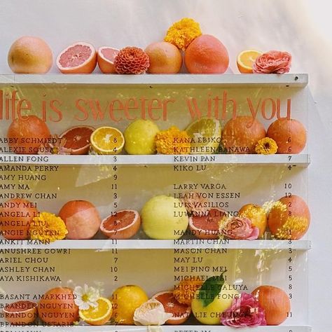 Fruit Seating Chart, Fruit Theme Wedding, Citrus Seating Chart, Fruit Themed Wedding, Citrus Wedding Decor, Citrus Wedding Theme, Seating Chart Floral, Citrus Theme, Engagement Party Planning