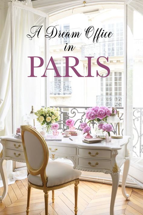 Paris Office Style, French Elegant Decor, French Desk Office, French Home Office Ideas, French Country Office Ideas, Desk Placement In Office, Parisian Office Decor, Parisian Style Office, Women’s Home Office