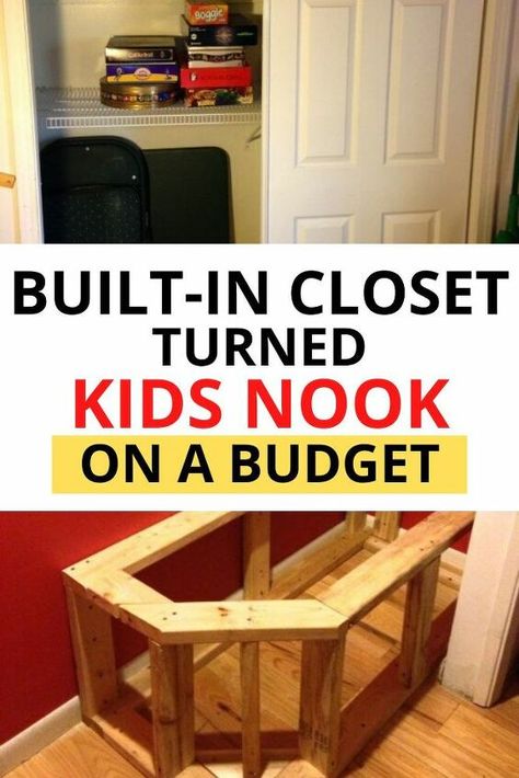 Does your kids have a small room? Check out this work and reading nook idea in the closet! This space can be used as a play area or to do homework. This bench has extra storage space as well. #diy #kids #nook #closet Home Work Station, Book Nook Closet, Ikea Storage Cubes, Closet Nook, Reading Nook Closet, Kids Nook, Cheap Closet, Crate Bench, Nook Bench