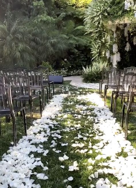 Wedding Aisle With Petals, Rose Petal Aisle Wedding Outdoor, Wedding Aisle No Flowers, Flower Petal Wedding Aisle, Rose Petal Wedding Aisle, Outdoor Ceremony Aisle, Marriage Vibes, Ceremony Flowers Aisle, Petal Toss Wedding