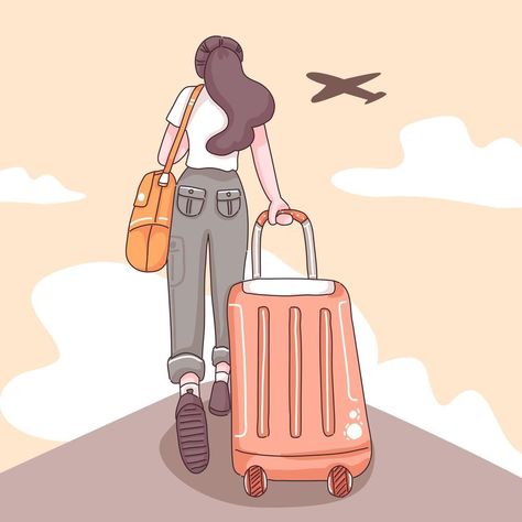 Teenager traveler cartoon character vector Travelling Illustration Art, Travel Drawing Aesthetic, Girl Travel Drawing, Traveling Animation, Traveling Drawings, Travel Cartoon Illustration, Travel Painting Ideas, Vision Board Illustration, Tourist Drawing