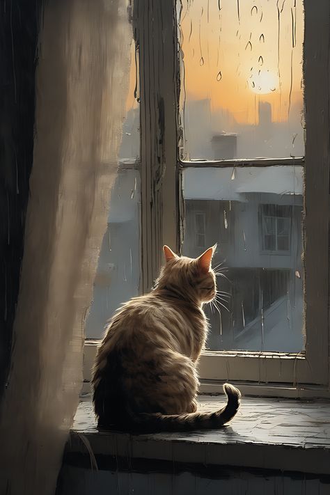 A cat sitting in front of the window staring at the window in the rain Cat Staring Out Window, Looking Out A Window Painting, Cat Looking Through Window, Cat Looking Out Window Painting, Rain Window Painting, Rain On Window Painting, Cat Window Painting, Windowsill Seat, Cat Sitting On Window Sill