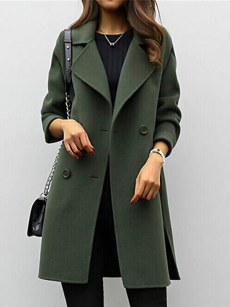 Plain Coats, Fall Fashion Coats, Casual Outwear, Women Coats, Long Sleeves Coats, Clothing Inspiration, Fall Coat, Green Coat, Woolen Coat