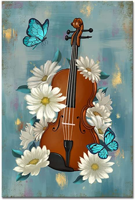 Music Room Painting Ideas, Musical Instruments Art Paintings, Violin Canvas Painting, Painting On Music Sheets, Music Themed Paintings Canvases, Music Related Paintings, Canvas Painting For Wall Hanging, Music Instruments Art, Violin With Flowers