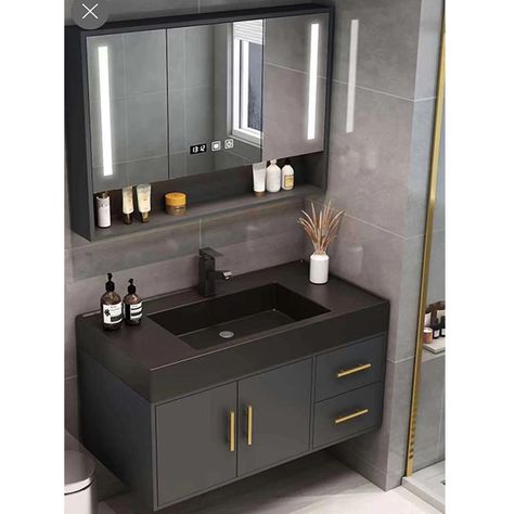 gray bathroom vanity set with black basin and mirror cabinet 9075-80 Glass Vanity Bathroom, Modern Bathroom Basin Design, Wash Basin For Bathroom, Wash Basin Cabinet With Mirror, Bathroom Cabinets Designs Modern, Cabinet Basin Design, Bathroom Washbasin Cabinet Modern, Washroom Sink Cabinets, Vanity Furniture Bathroom