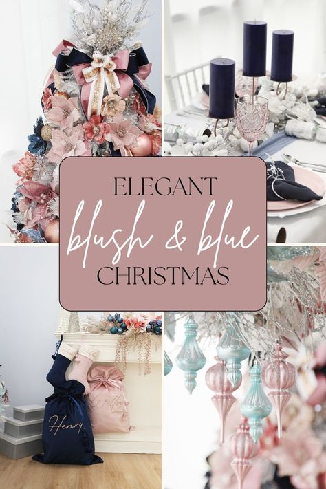 Get inspired with these beautiful and festive Christmas decorations in a navy blue and blush pink colour palette, with touches of rose gold throughout! Perfect for a sophisticated holiday decor style. 😍 Christmas Tree Hacks, Glamorous Christmas Tree, Joy Decorations, Navy Christmas, Blue Christmas Decor, Buy Christmas Tree, Blue Christmas Tree, Pink Christmas Decorations, Christmas On A Budget