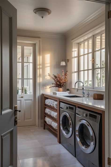 Laundry Window Ideas, Architectural Digest Laundry Room, Modern Colonial Laundry Room, Laundry Room With Tall Ceilings, Utility Room Styling, Dream Mudroom Laundry, Utility Room With Window, Laundry Room Studio Mcgee, Scullery With Laundry