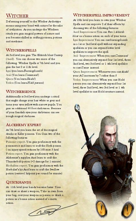 Ranger archetype d&d 5e based on the witcher 3 (Mikis van der Linden) ;) Dnd Witcher Homebrew, Witcher Dnd 5e, Witcher Dnd, Ranger Archetype, Rogue Archetypes, Dnd Archetypes, Homebrew Classes, Dnd Board, Dungeons And Dragons Rules