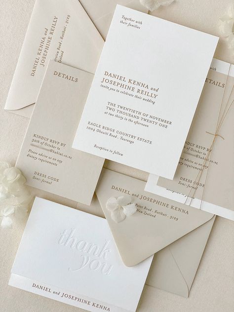 Letterpress wedding invitation and thank you card Cream And White Wedding Invitations, Beige Wedding Invites, Wedding Invitation Cards White And Gold, Classy Wedding Cards, All White Invitations, Wedding Invitation Stack, Neutral Wedding Invites, Details Card Wedding Invitation, Modern Wedding Invitations Minimalist