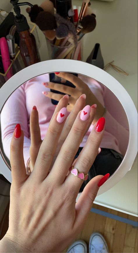 Pink Red Valentines Day Nails, Red And Pink French Tip Nails Almond, Bright Red Valentine Nails, Cute Valentines Nails Short Pink And Red, Pink Tip Nails Valentines, Heart Nails Pink And Red, Valentines Pink And Red Nails, Solid Valentines Day Nails, Valentine’s Day Nails Round