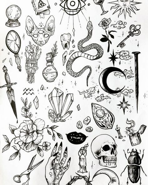 Flash Art Tattoos, Halloween Tattoo Flash, Tato Flash, Goth Tattoo, 13 Tattoos, Kunst Tattoos, Witch Tattoo, Men Tattoos, Flash Tattoo Designs