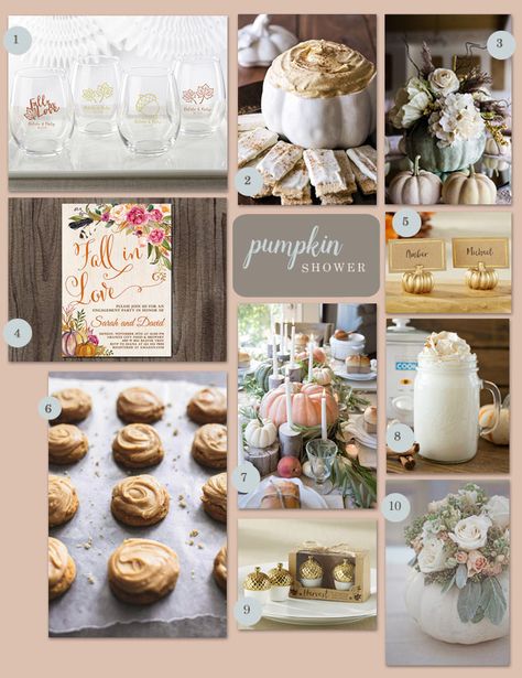 Fall showers are the perfect place to share your love of all things pumpkin spice – from dips to cookies to drinks. | A Pumpkin Inspired Bridal Shower Pumpkin Wedding, Gold Pumpkins, Gold Candle Sticks, Shower Diy, Fall Trend, Bridal Shower Diy, Fall Bridal Shower, Muted Green, Unique Shapes