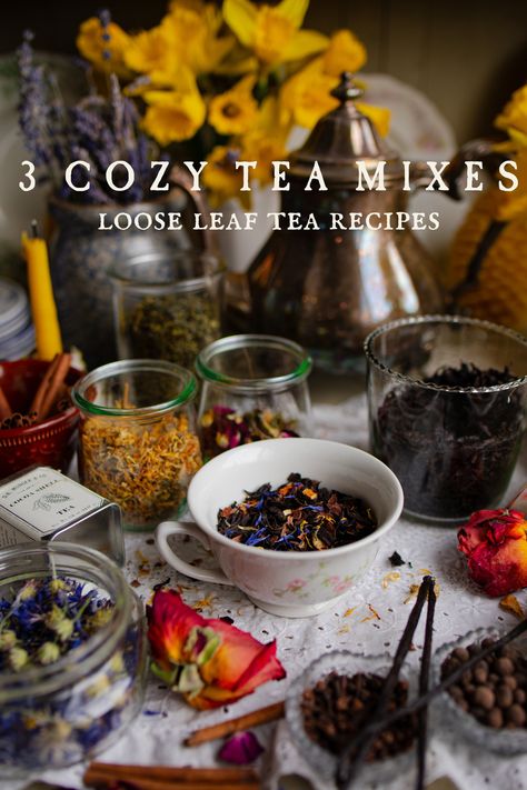 3 Cozy Tea Mixes for February: Loose Leaf Tea Recipes Make Your Own Tea Blends, Christmas Tea Blend Diy, Diy Tea Blends Recipes, Loose Leaf Tea Recipes Diy, Diy Loose Leaf Tea, Pine Needle Tea Recipes, Homemade Teas Herbal, Rosehip Tea Recipes, How To Make Raspberry Leaf Tea