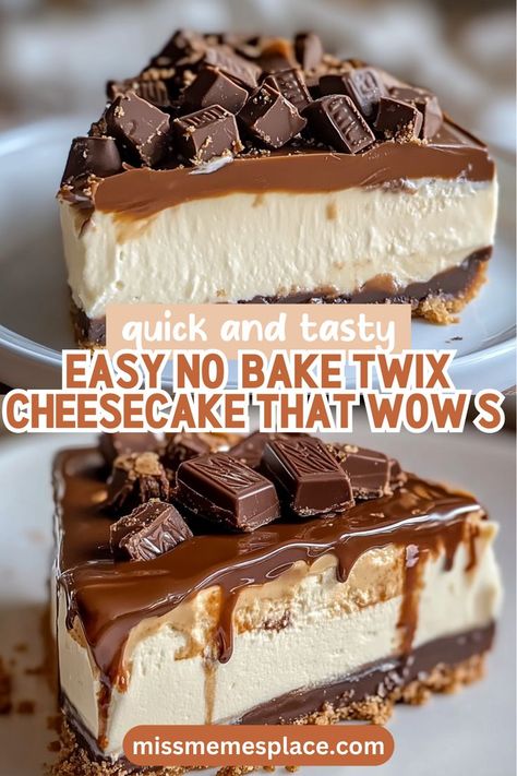 Impress your guests with this easy homemade no-bake Twix cheesecake that captures the essence of your favorite candy bar! With a buttery graham cracker crust and a creamy blend of cream cheese, sweetened condensed milk, and caramel, this dessert is a crowd-pleaser. The best part? No baking required! Just mix, chill, and serve for a delightful dessert experience that’s rich, creamy, and utterly satisfying. Perfect for any celebration or just a sweet treat at home! No Bake Milk And White Chocolate Kit Kat Cheesecake, Cheesecake With Sweetened Condensed Milk, Cheesecake Condensed Milk, Best No Bake Cheesecake Recipe, Home Made Cheesecake, No Bake Snickers Cheesecake, Condensed Milk Cheesecake Recipes, Twix Cheesecake Recipe, Caramel Chocolate Cheesecake