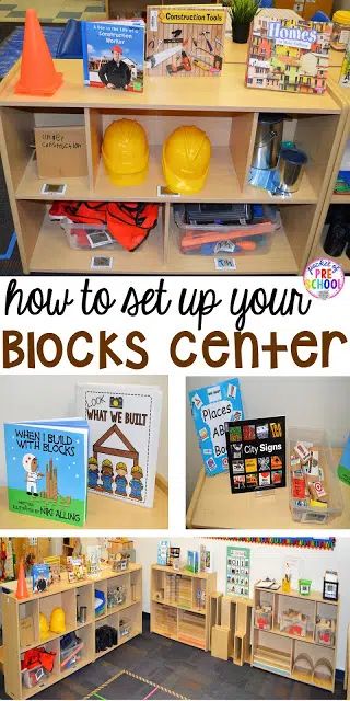 How to Set Up the Blocks Center in an Early Childhood Classroom - Pocket of Preschool Block Corner Ideas, Dress Up Area Preschool, Block Corner Ideas Preschool, Classroom Sign Out Board, Construction Props, Block Center Preschool, Blocks Center, Preschool Classroom Setup, Pocket Of Preschool