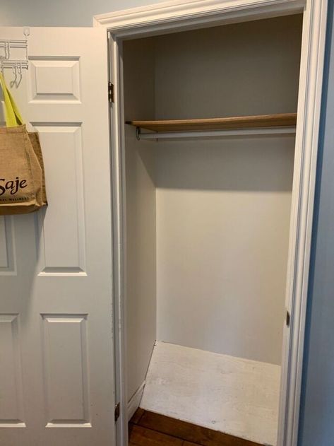 Since recently updating our entryway I thought it was time to also update our entryway coat closet. This project definitely made our small closet more functional without spending any additional money as we used all items we had on hand! This is the before picture. As you can see there is not a lot of storage area for shoes, etc. Time to add some DIY shelving with reclaimed wood we had on hand. Add Bracing First step we did was measure the areA we wanted to add a bottom shelf to.… Diy Entryway Closet, Front Closet Makeover, Entryway Coat Closet, Small Entryway Closet, Small Entry Closet, Entry Closet Makeover, Entry Closet Ideas, Entryway Closet Makeover, Entry Closet Organization