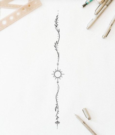 Spine Tattoos For Women Unalome, Tangled Flower Back Tattoo, Tatoos Medium Size Women, Simple Back Tattoos For Women Spine, Fine Line Art Tattoo Woman, Tattoo Along Spine, Spine Tattoo Symbols Meaning, Spine Tattoos For Women Line Work, Long Simple Tattoos For Women