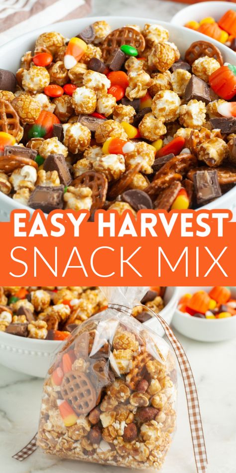 This easy, sweet fall snack mix can be made with just a few ingredients. Harvest snack mix is easy to customize and is perfect for a fall treat. I love giving this fall snack mix away for a tasty gift or to serve it at a fun fall party. Fall Snack Mix Recipes With Popcorn, Easy Fruit Snack Ideas, Fall Treats Preschool, Cute Fall Snacks For Party, Fall Snacks Preschool, Healthy Harvest Party Snacks, Fall Classroom Treat Ideas, Fall School Party Snack Ideas, Harvest Trail Mix Fall Snacks