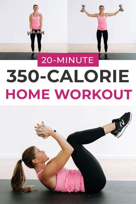 I personally burned over 350 calories during this sweaty, challenging, 20-minute FULL BODY WORKOUT! This is strength training and naturallly low impact -- AKA it's perfect for anyone taking extra care of their joints, working out in an apartment, or trying not to wake up sleeping littles!