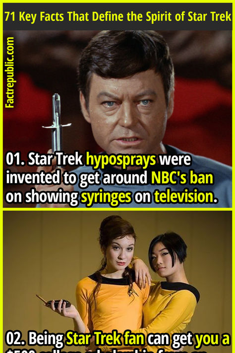 01. Star Trek hyposprays were invented to get around NBC's ban on showing syringes on television. Star Trek Facts, Star Trek Humor, Q Star Trek, Star Trek Jokes, Star Trek Strange New Worlds, Star Trek Actors, Stark Trek, Star Trek Convention, Star Trek Crew