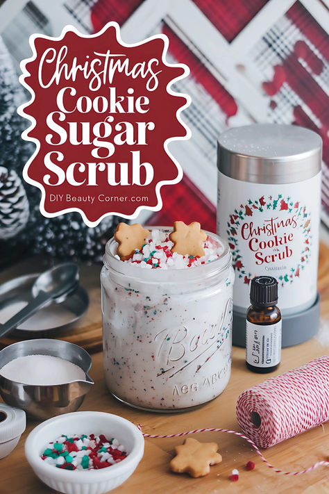 DIY Christmas cookie sugar scrub in a glass jar with festive sprinkles and gingerbread cookies, perfect for holiday gifting. Sugar Cookie Sugar Scrub Recipe, Gingerbread Scrub Diy, Christmas Hand Scrub Diy, Diy Christmas Beauty Gifts, Cookie Dough Body Scrub, Homemade Sugar Scrub Christmas, Diy Body Scrub Smell Good, How To Make Surger Scrub, Christmas Sugar Scrubs Recipes