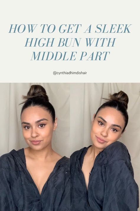 Top Knot Formal Hair, Top Bun Outfit, Slicked Top Knot High Bun, Messy Top Bun With Middle Part, High Ponytail With Part In The Middle, High Slicked Bun, Updos For Medium Length Hair Middle Part, Sleek Bun With Middle Part, Middle Part Hair Updos