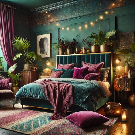 Purple And Emerald Green Bedroom, Teal And Plum Bedroom, Peacock Room Decor Bedroom Colors, Bedroom Peacock Colors, Jewel Tone Green Bedroom, Colorful Boho Bedroom Jewel Tones, Earthy Glam Bedroom, Jewel Tone Wall Paint, Deep Jewel Tone Bedroom