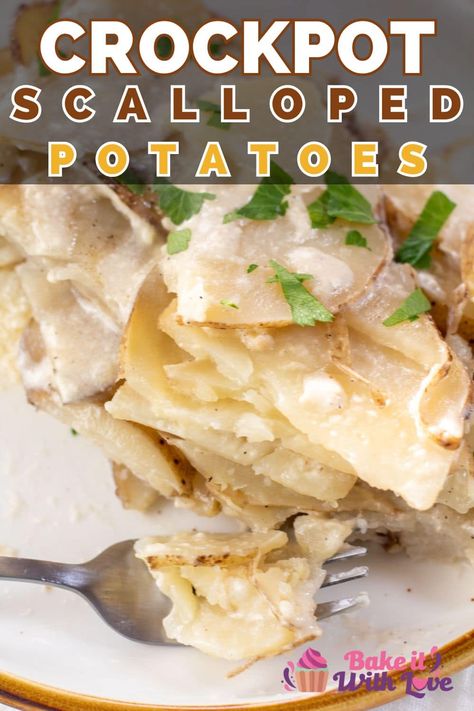 These easy crock pot scalloped potatoes are a tasty addition to any dinner or holiday meal! Crockpot Creamed Potatoes, Crockpot Augratin Potatoes Crock Pot, Slow Cooker Scalloped Potatoes Easy, Crock Pot Scalloped Potatoes And Ham, Scalloped Potatoes In Crock Pot, Scalloped Potatoes And Ham Crock Pot, Boxed Scalloped Potatoes Recipes, Scalloped Potatoes Crock Pot, Crockpot Scalloped Potatoes Easy