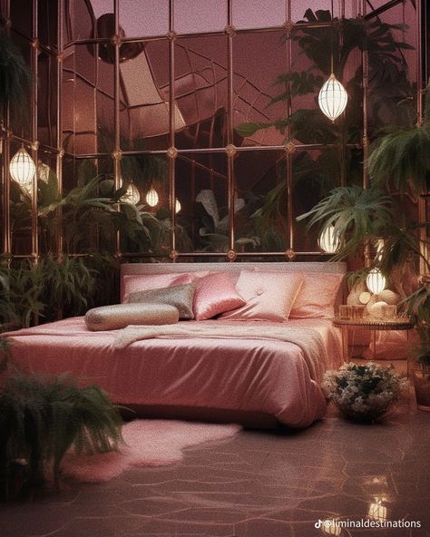 Pink And Green Velvet Bedroom, 80s Pink Interior, 80s Glam Interior Design, 80s House Aesthetic Kitchen, Pink 80s Bedroom, 80s Pink Bedroom, 80s Penthouse Aesthetic, 80s Condo, 90s Penthouse