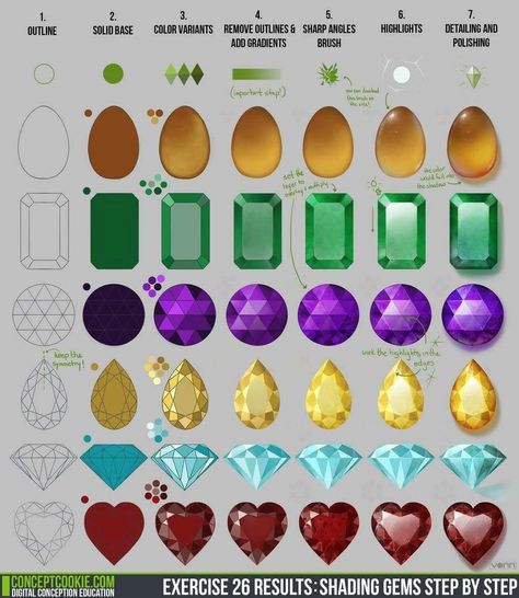 Painting gems and jewels reference الفن الرقمي, Jewelry Rendering, Jewelry Illustration, Jewelry Drawing, Coloring Tutorial, 3d Drawings, Digital Painting Tutorials, Drawing Tutorials, Digital Art Tutorial