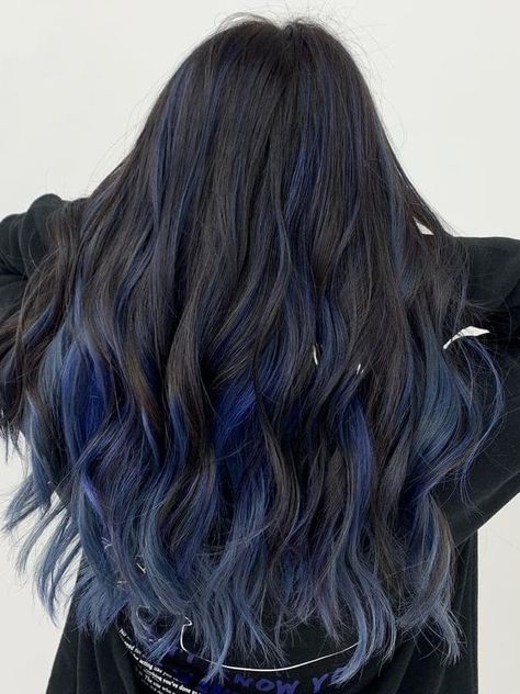 Blue Sombre on Long Wavy Black Hair Blue Brown Hair, Blue Hair Highlights, Dyed Hair Blue, Blue Ombre Hair, Dark Blue Hair, Hair Color Underneath, Hair With Highlights, Black Hair With Highlights, Psychology Student