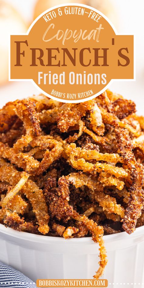 Image shows a white ramekin overflowing with crispy keto fried onions. Keto Fried Onions, Keto Onion Fritters, French’s Crispy Fried Onions Recipes, Homemade French Fried Onions, Gluten Free Thanksgiving Sides, Keto Pork Rinds, Homemade Ingredients, Low Carb Lifestyle, Gluten Free Thanksgiving