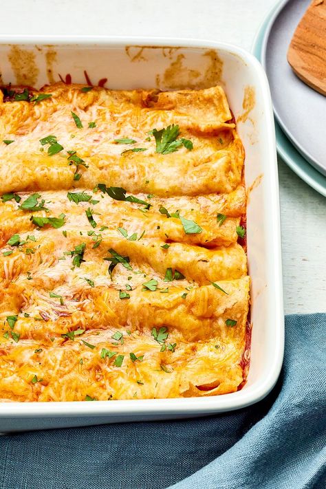 Refried Bean and Cheese Enchiladas Beef And Refried Bean Enchiladas, Refried Bean Appetizer, Refried Bean And Cheese Enchiladas, Mini Enchiladas, Refried Bean Recipes, Refried Bean Enchiladas, Green Enchilada Recipe, Easy Cheese Enchiladas, Bean And Cheese Enchiladas