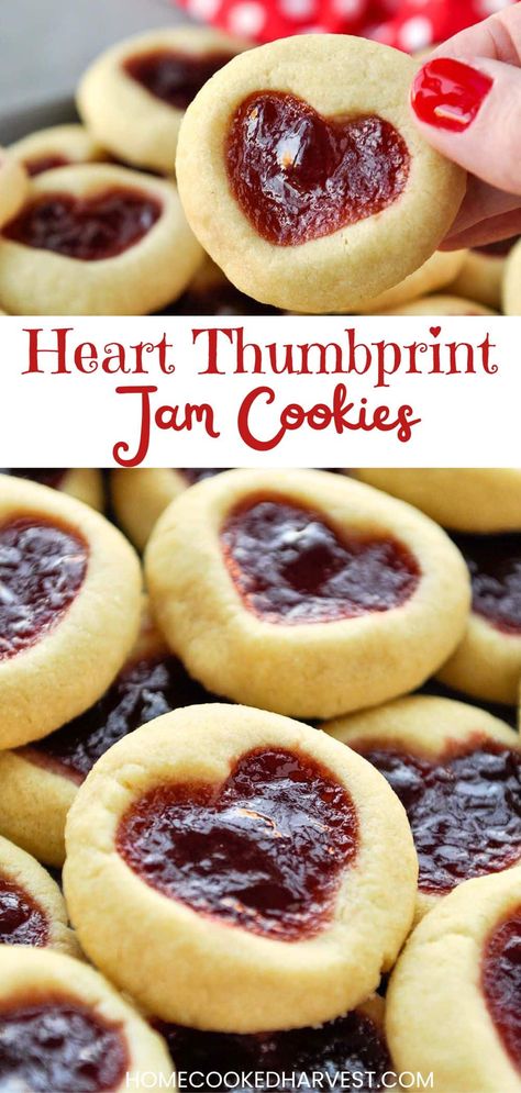 Heart Peanut Butter Cookies, Heart Shaped Cookies With Jam, Heart Shaped Thumbprint Cookies, Tart Cookies Recipes, Raspberry Jam Cookies Thumb Prints, Jelly Cookies Thumbprint, Heart Jelly Cookies, Heart Jam Cookies Recipe, Valentine’s Cookies