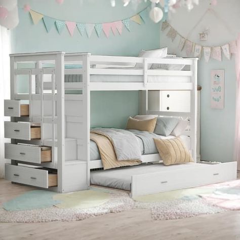 Elegant Design Twin Over Twin Bunk Bed With Trundle And Staircase, Built-In Storage - Bed Bath & Beyond - 41111465 Bunk Beds With A Trundle, Bunk Beds For Teen Girls Room, Kids Guest Bedroom Ideas, Corner Bunk Beds Built In, Girls Room With Bunk Beds, Fae House, Bunk Bed Steps, Room With Bunk Beds, Corner Bunk Beds