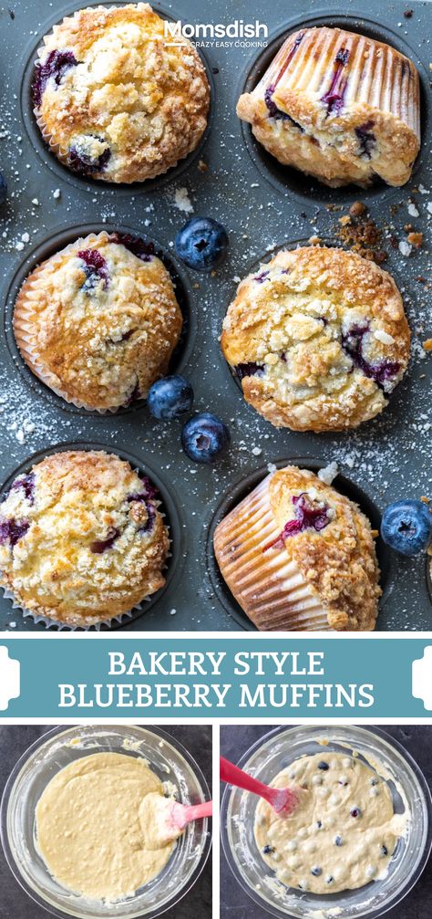 These blueberry muffins are bursting with juicy fresh blueberries and a sweet crumb topping. They're extra fluffy and moist — thanks to a secret ingredient in the batter! Scratch Blueberry Muffins, No Butter Blueberry Muffins, Yummy Blueberry Muffins, Blue Blueberry Muffins, Blueberry Cake Muffins, Best Healthy Blueberry Muffins, Blueberry Muffin Recipes Best, Best Ever Blueberry Muffins, From Scratch Blueberry Muffins