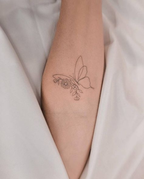 Petite Arm Tattoos For Women, Small Women’s Tattoos, Taylor Swift Butterfly Tattoo, Arabella Tattoo, Half Butterfly Half Angel Wing Tattoo, Hopeless Romantic Tattoo Ideas, Brooke Tattoo, Butterfly And Flowers Tattoo, Simple Line Work Tattoo