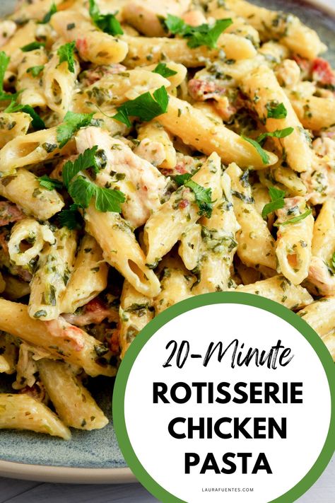 The flavors of garlic, herb, and olive oil make this rotisserie chicken pasta a winning, quick recipe for any night of the week! Rotisserie Chicken Orzo Recipes, Rotisserie Chicken Pasta, Pasta Recipe Creamy, Rotisserie Chicken Recipes Healthy, Chicken Leftovers, Rotisserie Chicken Recipes Leftover, Pasta With Garlic, Easy Slider, Recipes Using Rotisserie Chicken